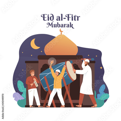 Happy muslim people hitting drum and celebrating Eid mubarak