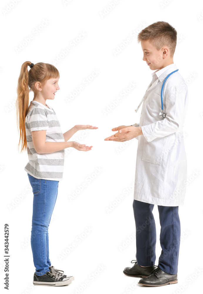 Cute little doctor with patient on white background Cute little doctor with patient on white background