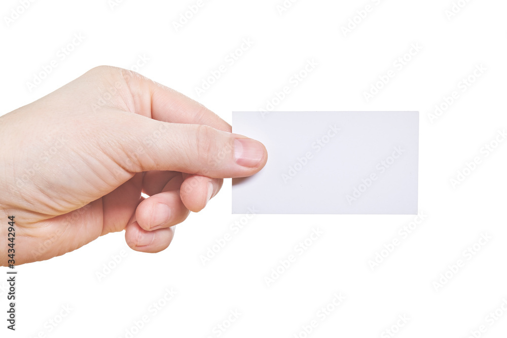 Hand holding blank paper business card, isolated on white background Hand holding blank paper business card, isolated on white background