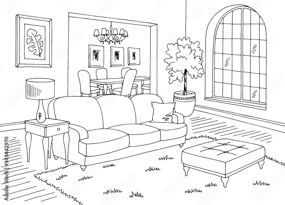 Living room graphic black white home interior sketch illustration