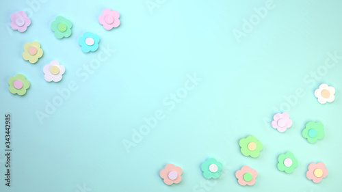 Photos cute paper flowers in pastel colours in two corners with copy space in the centr