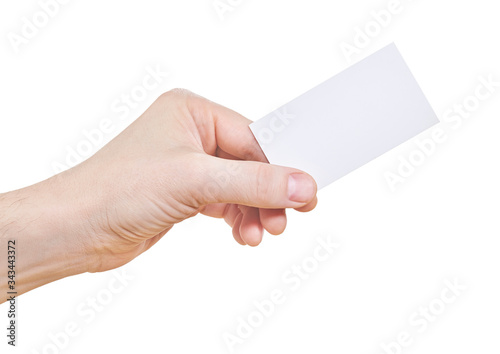 Hand holding blank paper business card, isolated on white background