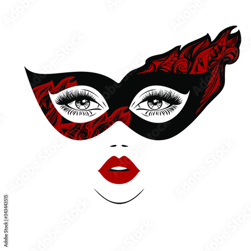 Beautiful woman face with red lips in black mask with floral motifs, lush eyelashes. Beauty Logo. Vector illustration. Party carnival mask. 
