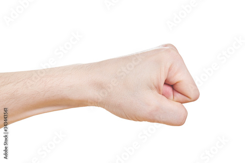 Hand with clenched a fist, isolated on a white background Close up