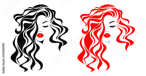 Black and red curly hair style, beautiful sexy woman face, red lips, fashion hairdresser, element design, spa salon. Beauty Logo. Vector illustration. Isolated on white.