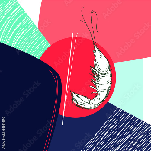 Design vector with shrimp for restaurant menu, t-shirt, covers, invitations, greeting cards, weddings, save the date, banners, flyers, playcards, ex libris.