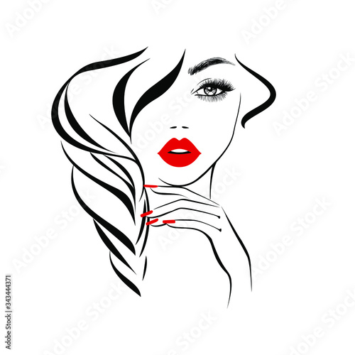Beautiful sexy face, red lips, hand with red manicure nails, fashion woman, element design, nails studio, curly hairstyle, hair salon sign, icon. Beauty Logo. Vector illustration. Hand drawing style.