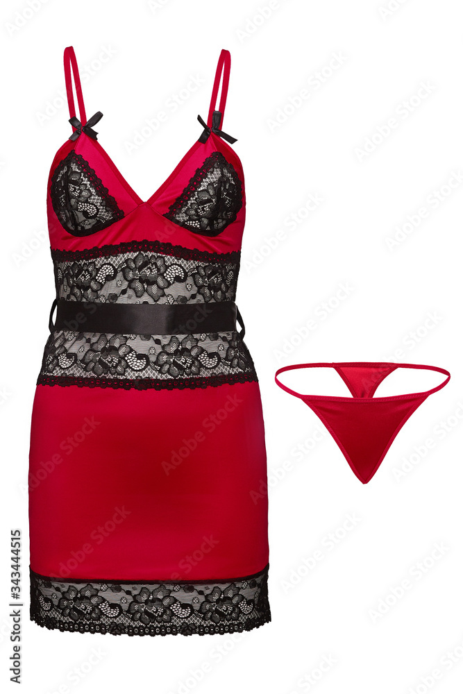 Subject shot of a lingerie set composed of silk thongs and a tight red  negligee with