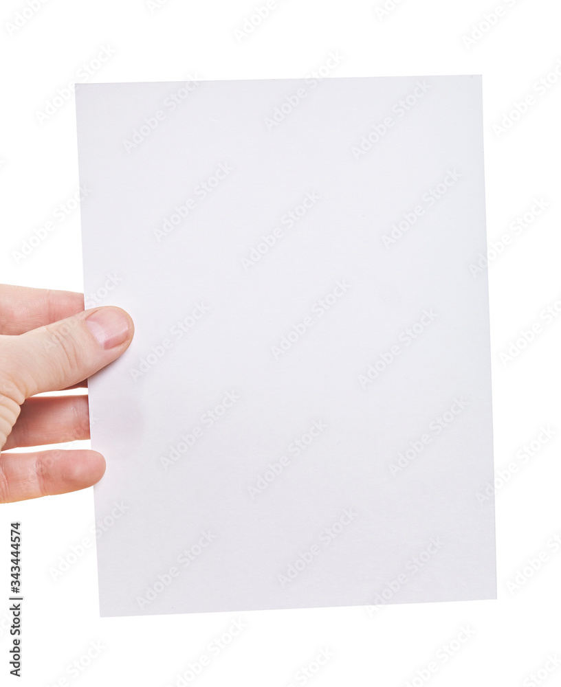 Fototapeta premium Hand holding blank sheet of paper isolated on white background