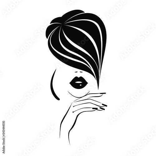 Beautiful woman face with black lips, lush eyelashes, hand with black manicure nails, black hair, stylish hairstyle. Beauty Logo. Nail art studio. Wallpaper background. Vector illustration.