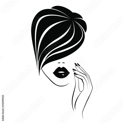 Beautiful woman face with black lips, lush eyelashes, hand with black manicure nails, black hair, stylish hairstyle. Beauty Logo. Nail art studio. Wallpaper background. Vector illustration.
