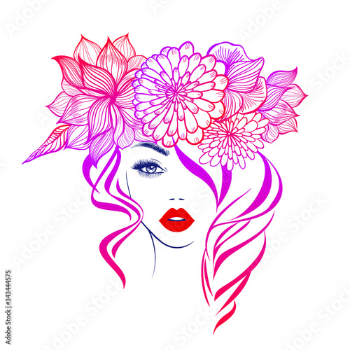 Beautiful woman face red lips, hand with red manicure nails. Beauty Logo. Vector illustration, diadem flowers, floral motive, abstract flowers, spa salon, sign, symbol, nails studio.