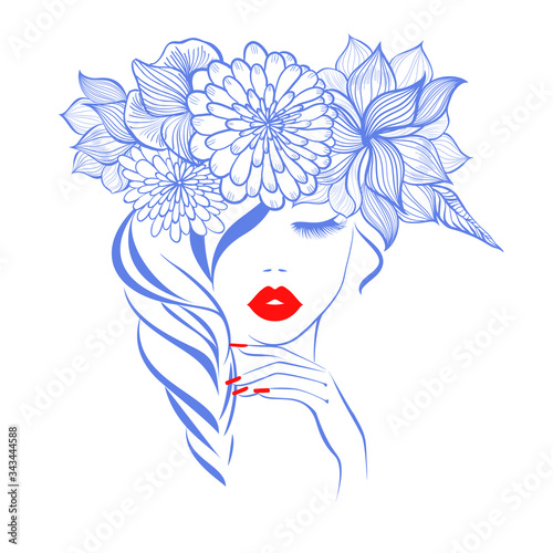 Beautiful woman face red lips, hand with red manicure nails. Beauty Logo. Vector illustration, diadem flowers, floral motive, abstract flowers, spa salon, sign, symbol, nails studio.