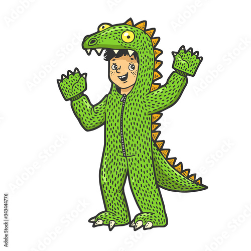 Boy kid dressed as dinosaur color sketch engraving vector illustration. T-shirt apparel print design. Scratch board imitation. Black and white hand drawn image.