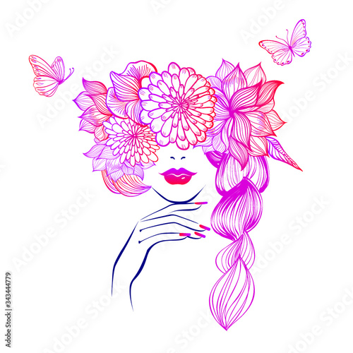Beautiful woman face red lips, hand with red manicure nails. Beauty Logo. Vector illustration, diadem flowers, butterflies, floral motive, abstract flowers, spa salon, sign, symbol, nails studio.