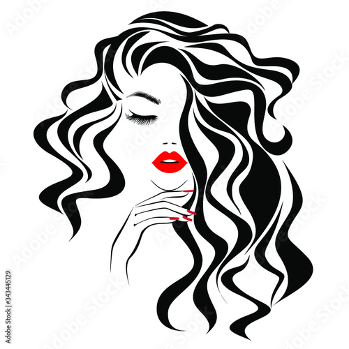 Beautiful sexy woman face, red lips, curly black hair style, fashion hairdresser, element design, spa salon. Beauty Logo. Beautiful hands with art nail manicure. Vector illustration. Isolated on white