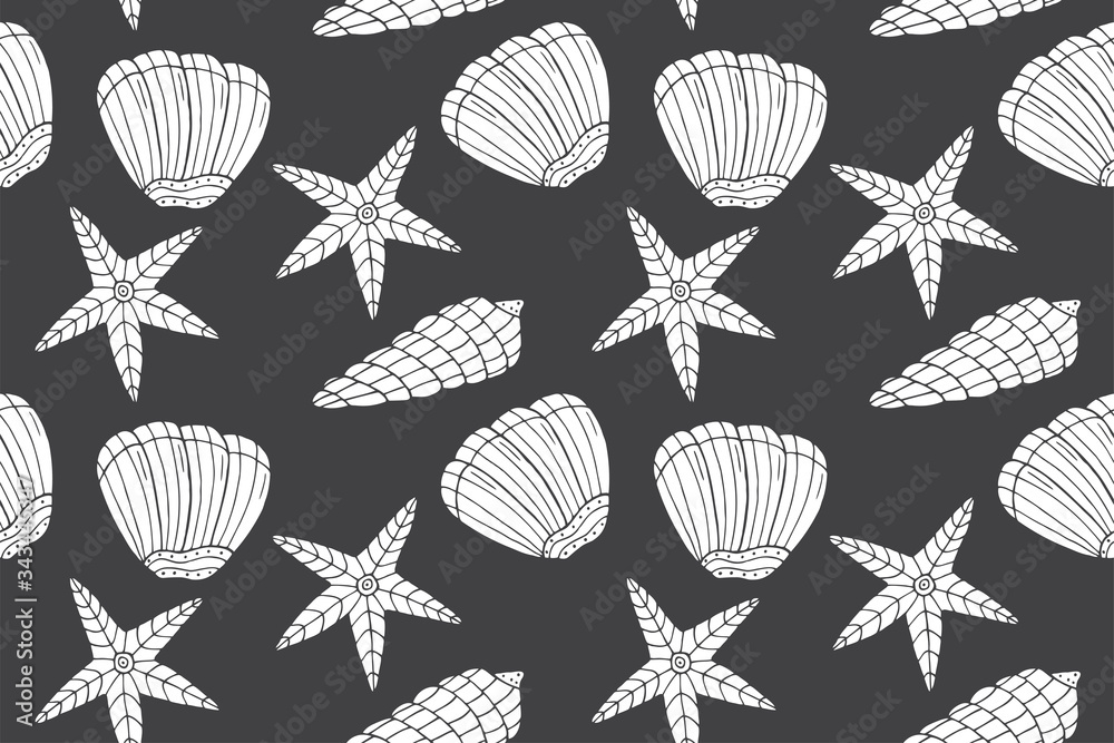 Seamless pattern with hand drawn sea shells on a dark background. Doodle, simple outline illustration. It can be used for decoration of textile, paper and other surfaces.