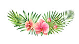 Watercolor Orchid arch. Big orange and pink flowers, palm leaves. Hand painted floral tropical background. Botanical illustrations isolated on white