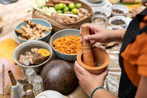 Fototapeta Naklejka Na Ścianę i Meble -  jamu herbal drink spice ingredient close up