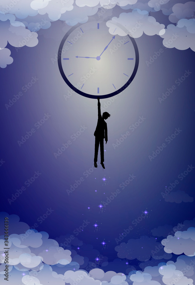 your time concept, hold on your imagination time idea, boy silhouette holds  clock above the clouds, man hanging with clock at night sky, time to dream,  Stock Vector | Adobe Stock