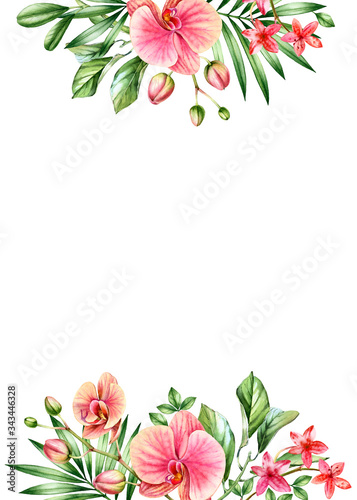 Fototapeta Naklejka Na Ścianę i Meble -  Watercolor floral background. Vertical A5 card template and place for text. Orange orchid flowers and palm leaves. Hand painted tropical background. Botanical illustrations isolated on white