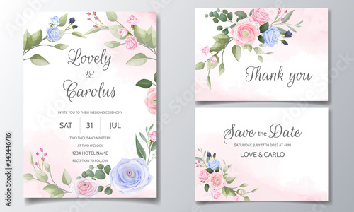 Wedding invitation card set template with beautiful floral frame