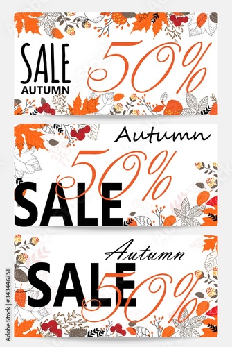 Set Vector Illustration Autumn Sale. Background with Falling Autumn Leaves isolated on white background. photo