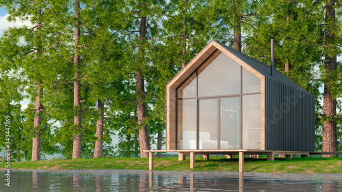 Wooden secluded house made of planks in a Scandinavian modern style with large Windows overlooking the lake, a fireplace at sunset against the background of a coniferous green forest. 3D illustration