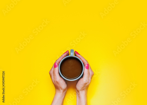 Female Hands Holds Fresh Cup Coffee Color Blue Background Top View Flat Lay Unhealthy Food One Object