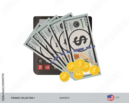 Money and finance. Calculator with 100 US Dollar banknotes and gold coins. Flat style vector illustration.