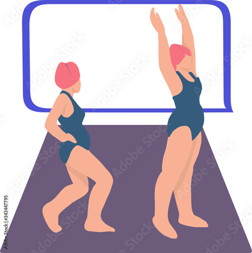 Vector illustration of a fitness exercise for pregnant women. Squat and raise your arms up. The concept of physical education.