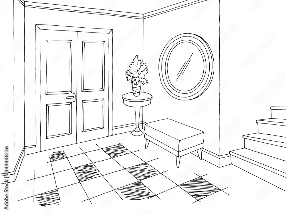Hallway graphic black white interior sketch illustration vector Stock
