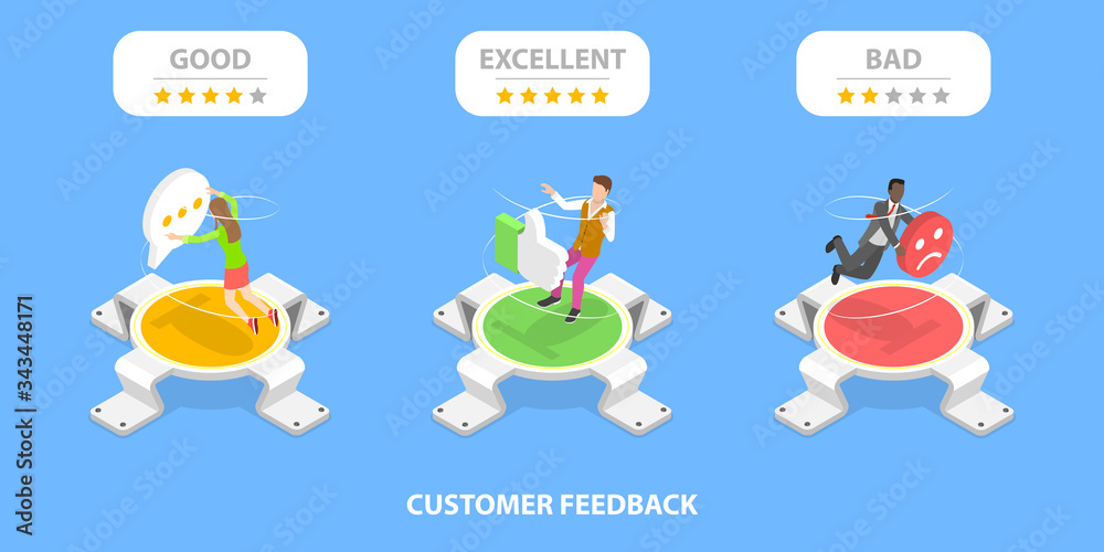 3D Isometric Flat Vector Concept of Excellent, Bad and Good Customer Feedbacks, Positive Opinion and Review, Online Survey, Five Stars Product Rating, Client Satisfaction.