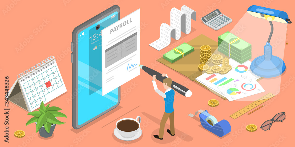 3D Isometric Flat Vector Concept of Mobile Payroll App, Salary Payment, Financial Calendar, Expenses Calculator.