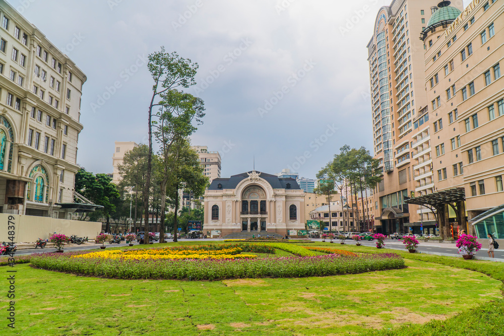 Fototapeta premium Large view of Saigon Opera House and metro station entrance in the finishing phase. This is metro line 1: Ben Thanh - Suoi Tien.