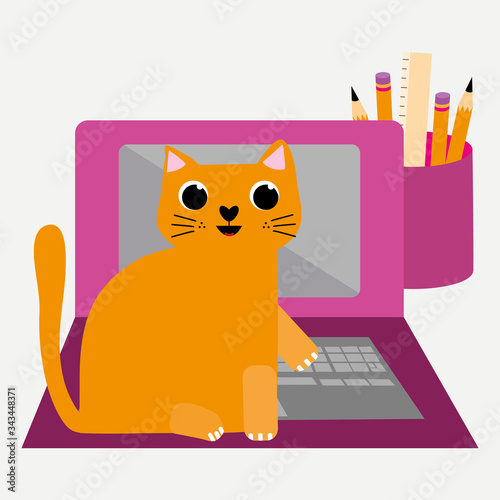 Cute cartoon cat and laptop vector illustration. Cheeky ginger feline character plays on keyboard and interrupts business office work flow. Hand drawn fun design for working from home concept.