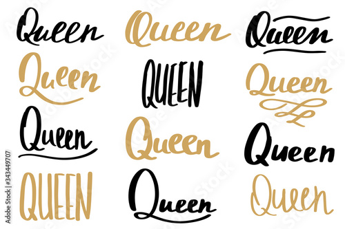 Queen lettering. Handwritten text for birthday party. Trendy girly design for t-shirt prints, phone cases, mugs or posters. Vector illustration