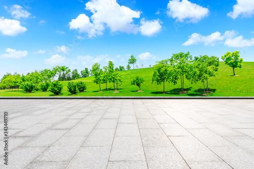 Empty square ground and green grass with tree under blue sky.