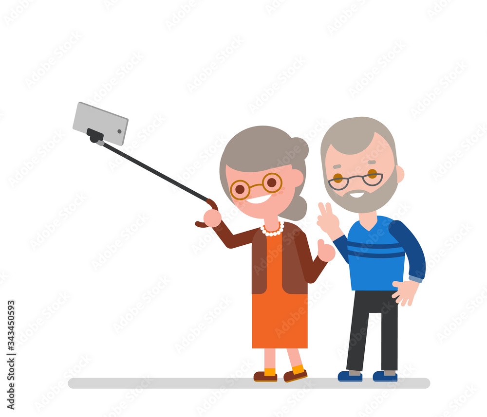 Elderly couple taking selfie with walking stick. Happy grandma grandpa taking photo using smartphone. Vector cartoon character illustration. Elderly couple taking selfie with walking stick. Happy grandma grandpa taking photo using smartphone. Vector cartoon character illustration.