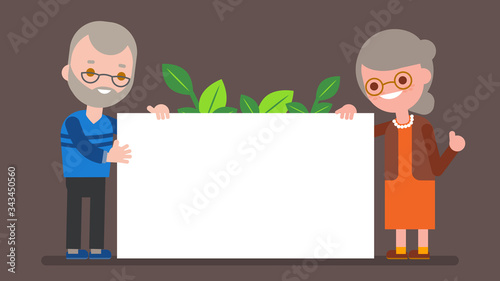 Elderly couple holding blank white board. Happy grandparent standing with big white placard. Vector cartoon character illustration.