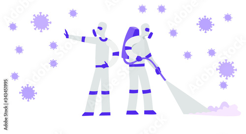 Street disinfection, a person pours the street with a special solution. vector illustration. coronavirus
