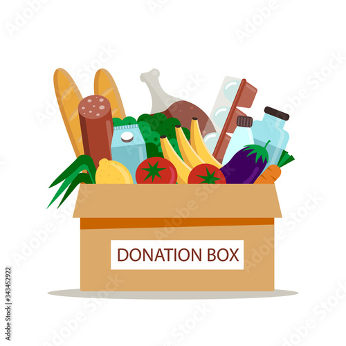 Cardboard donation box full of groceries. Help for poor people. Volunteering and charity concept. Vector illustration, flat style.