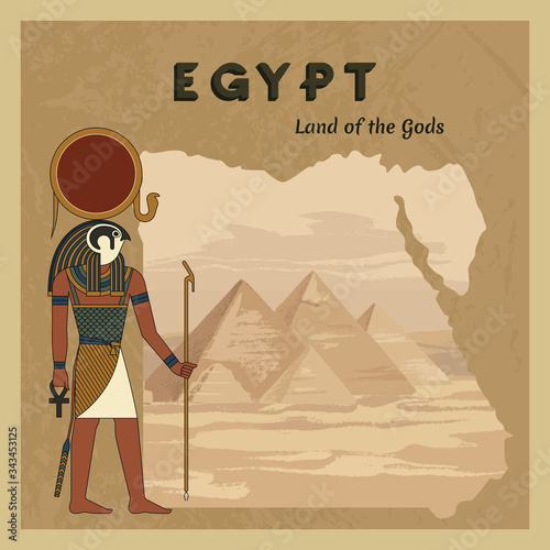 The ancient Egyptian god Ra painted against the background of the map of Egypt with pyramids.