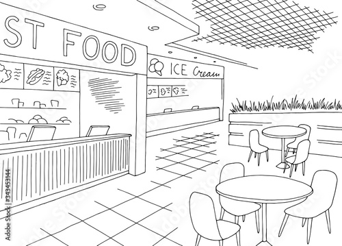 Cafe interior fast food court graphic black white sketch illustration vector