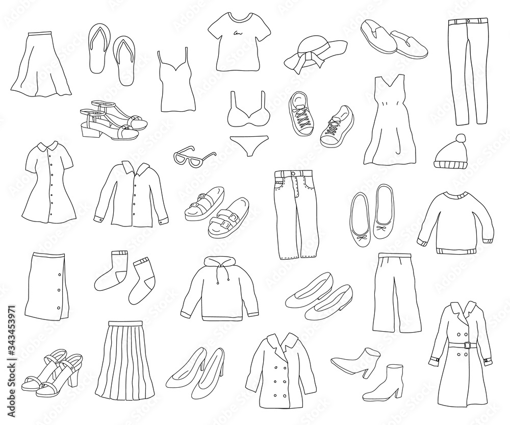 ファッションの手描きイラストのセット 靴 服 線画 Stock Illustration Adobe Stock