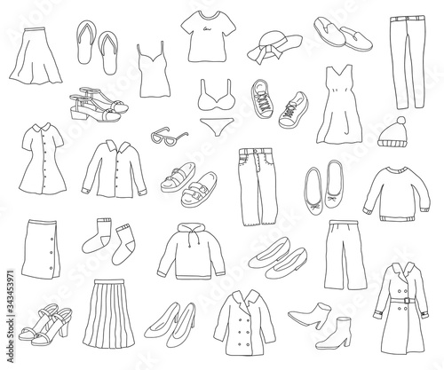 ファッションの手描きイラストのセット／靴／服／線画
