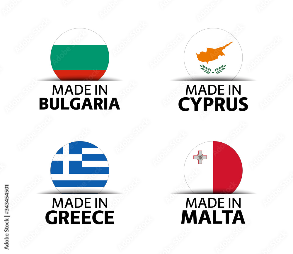Set of four Bulgarian, Cyprus, Greek and Malta stickers. Made in Bulgary, Made in Cyprus, Made in Greece and Made in Malta. Simple icons with flags isolated on a white background Set of four Bulgarian, Cyprus, Greek and Malta stickers. Made in Bulgary, Made in Cyprus, Made in Greece and Made in Malta. Simple icons with flags isolated on a white background