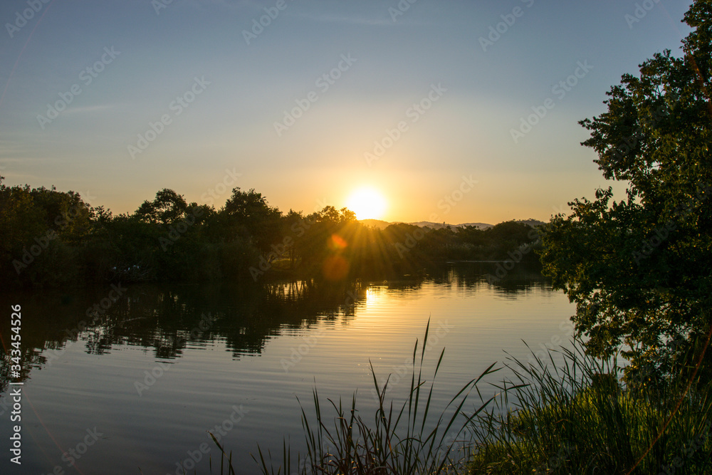 Golden sunset over water, Kruger National Park, South Africa