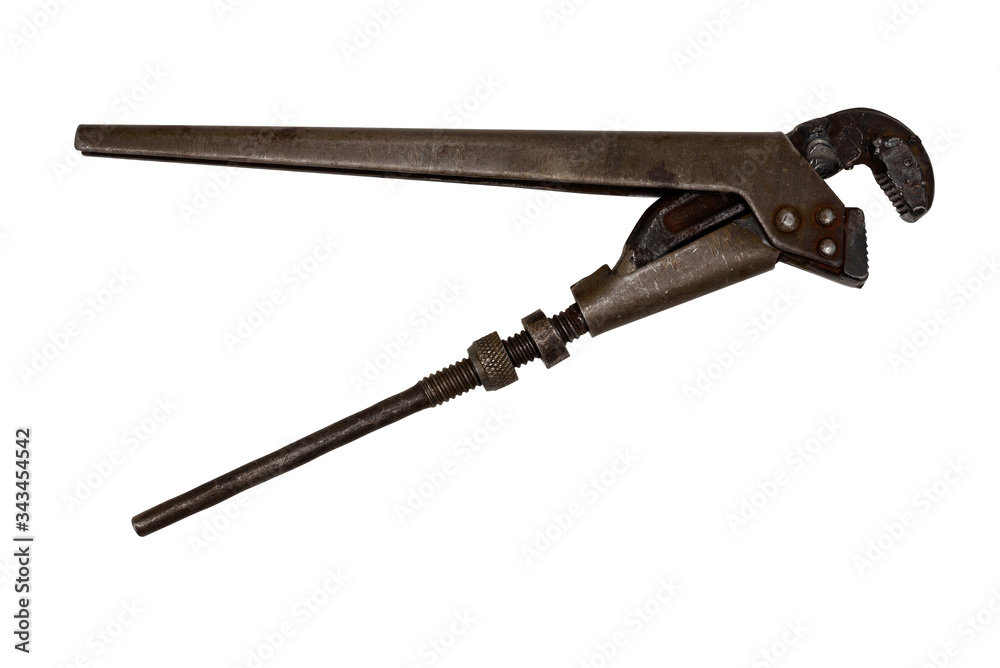 old rusty pipe wrench, gas adjustable spanner isolated on white background old rusty pipe wrench, gas adjustable spanner isolated on white background