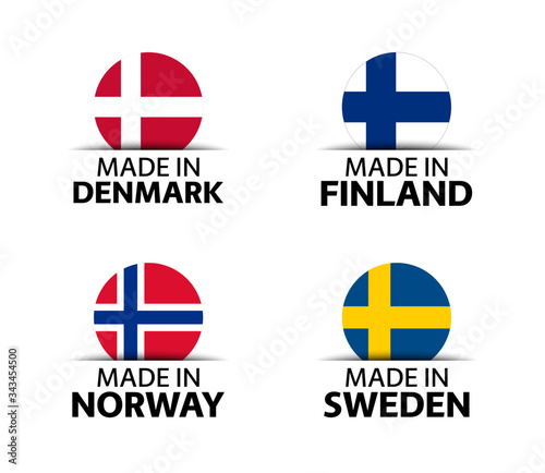 Set of four Danish, Finnish, Norwegian and Swedish stickers. Made in Denmark, Made in Finland, Made in Norway and Made in Sweden. Simple icons with flags isolated on a white background